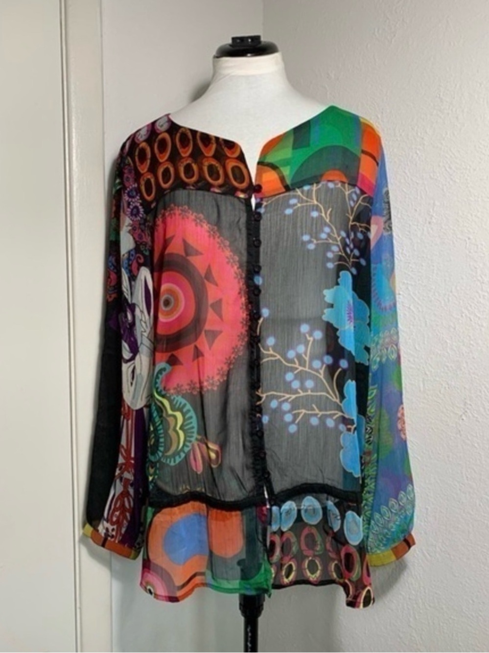 Desigual Multicolor Sheer Floral & Geometric Button-Front Blouse